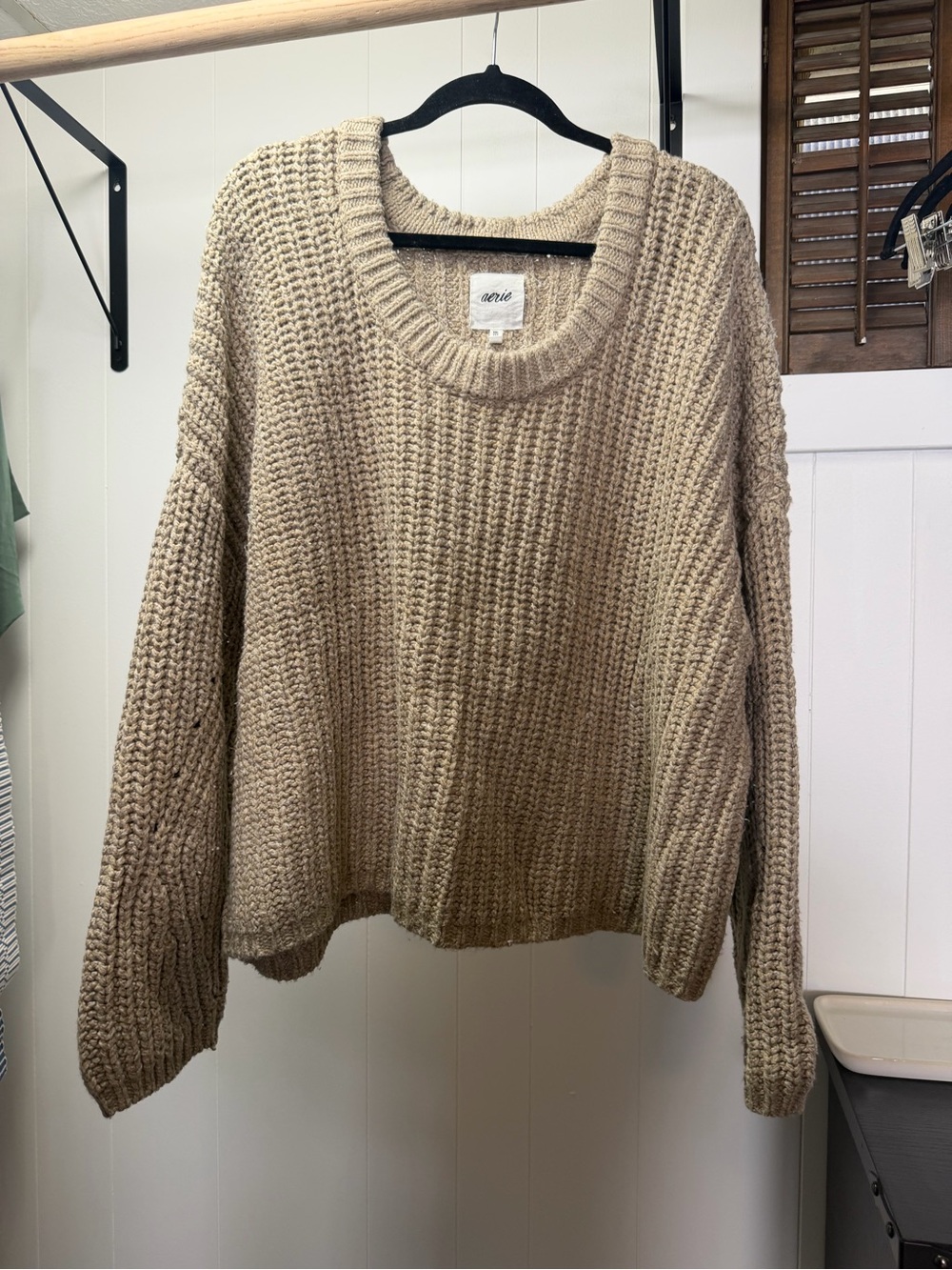 aerie Chunky Crewneck Sweater in Taupe